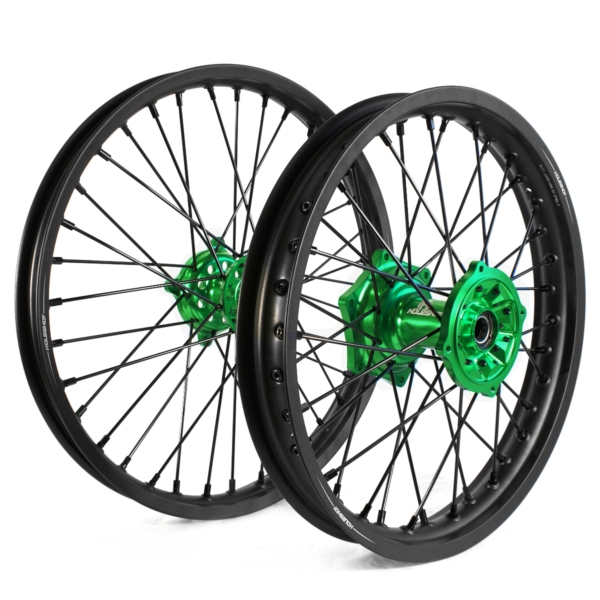 Holeshot, Komplett Hjulset, 2,15/1,60, 19/21", BAK FRAM, MATT SVART GRÖN, Kawasaki 19-21 KX450, 21 KX250