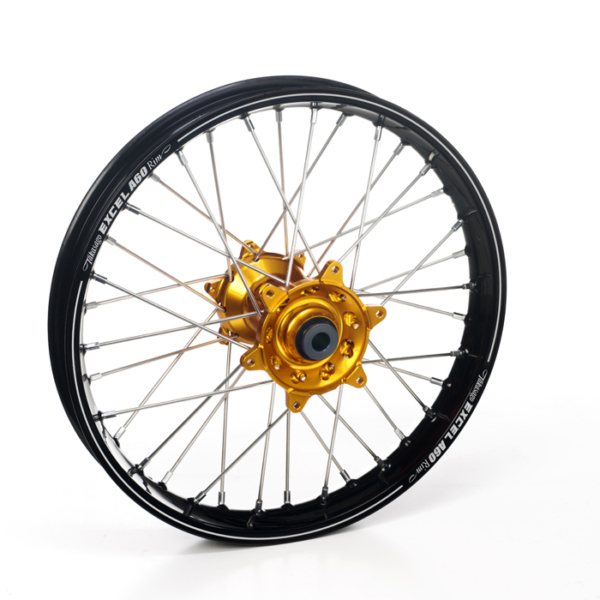 Haan Wheels, Komplett Hjul A60, 2,15, 19", BAK, SVART GULD, KTM 23-25 450 SX-F, 23-25 250 SX/250 SX-F, 23-25 350 SX-F, 23-25 125 SX/300 SX, 25 150 SX, Husqvarna 23-24 FC 450, 23-24 FC 250/TC 250, 23-24 FC 350, 23-24 TC 125, GasGas 24 MC 450F, 24 MC 250/MC